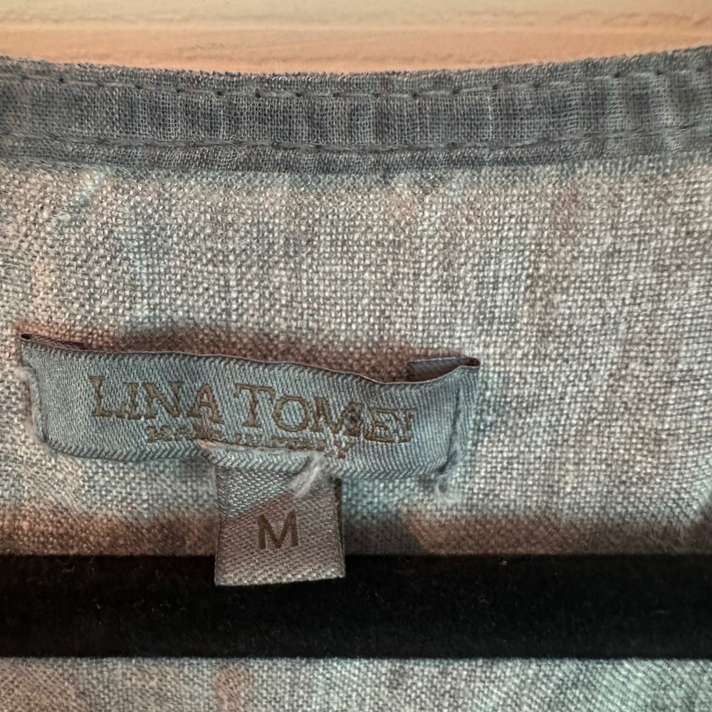 Lina Tomei Dress Womens Medium Gray Linen Embroidered Cap Sleeve Pockets Italy - Picture 3 of 8
